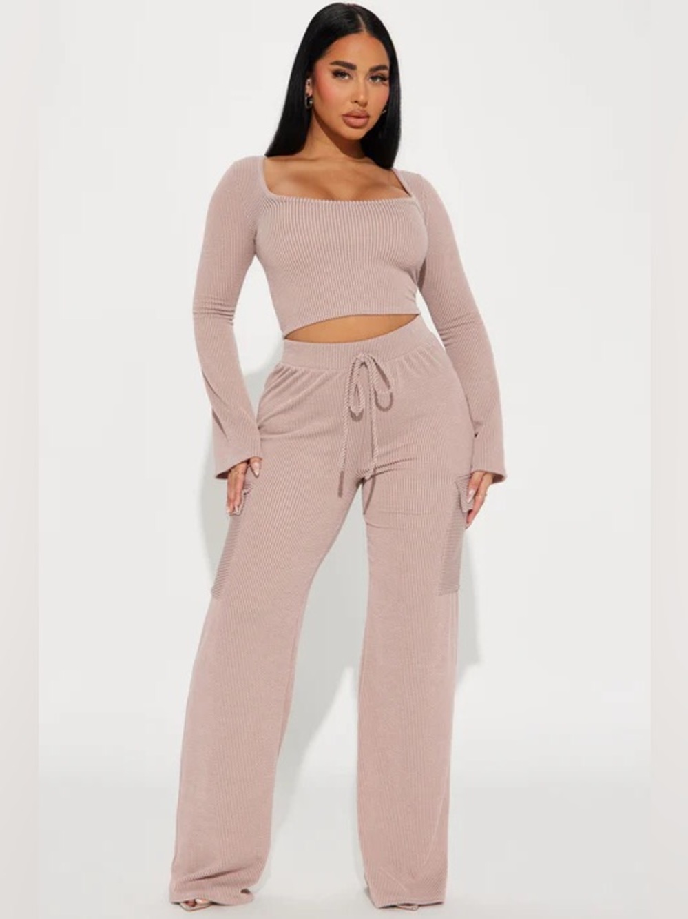 Fashion Nova Ribbed Two-Piece Crop Top & Wide Leg Pants Set - Dusty Mauve NWT
